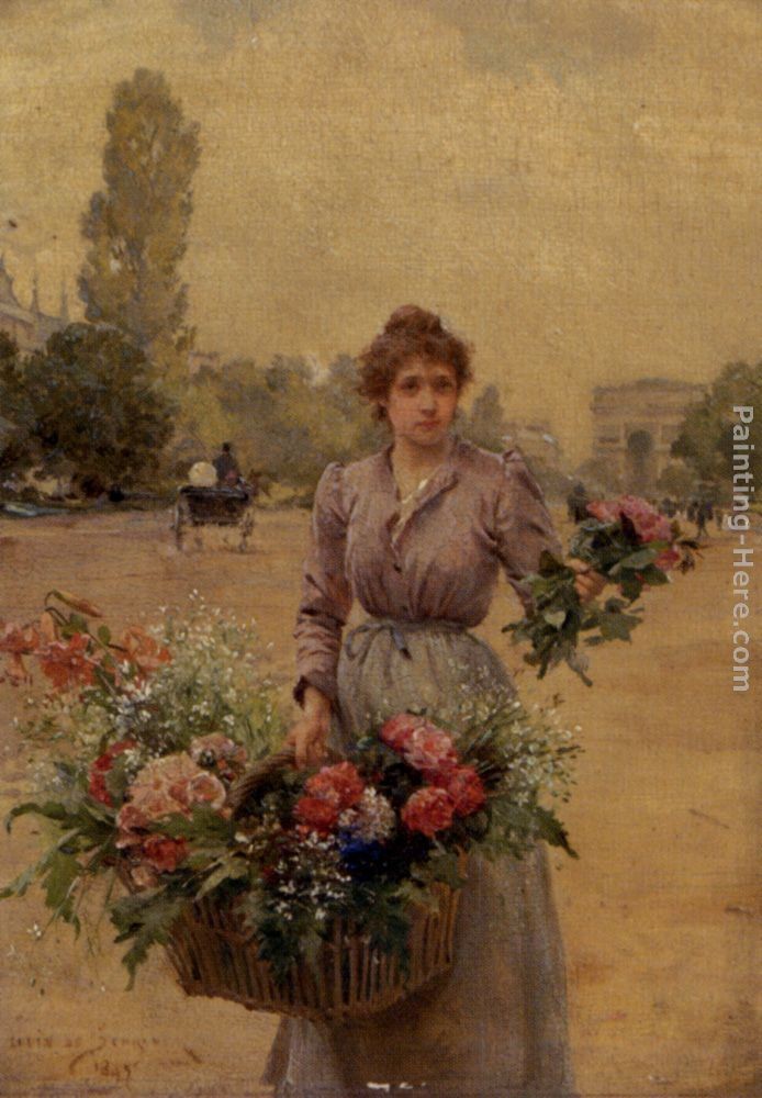 Louis Marie de Schryver A Flower Seller Near The Arc De Triomphe